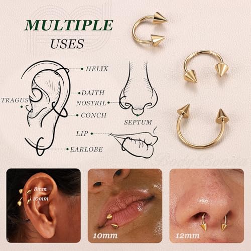 G23 Titanium 14/16/18/20G Septum Rings Horseshoe Nose Ring Jewelry | 2/3Pcs Circular Barbell Spike Lip Body Piercing Jewelry Conch Helix Tragus Earring Silver/Black 8/10/12mm 14K Gold Plated - color: Gold-3pcs, size: Spike-3pcs-18g-8/10/12mm