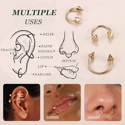 G23 Titanium 14/16/18/20G Septum Rings Horseshoe Nose Ring Jewelry | 2/3Pcs Circular Barbell Spike Lip Body Piercing Jewelry Conch Helix Tragus Earring Silver/Black 8/10/12mm 14K Gold Plated - color: Gold-3pcs, size: Spike-3pcs-18g-8/10/12mm