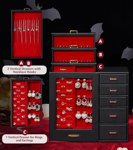 Homde Large Jewelry Box/Organizer/Case with Glass Window, Drawers for Necklaces Earrings Rings Bracelets Watches Gift for Women Girls - color: Black + Red+ Gold