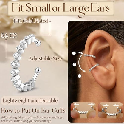 Florideco 4Pcs Ear Cuffs Non-Piercing for Women Dainty 14K Gold Plated Clip On Cartilage Earrings Hypoallergenic Huggie Hoop Cuffs Fake Earings for Non Pierced Ears - color: Beaded-White Gold Plated