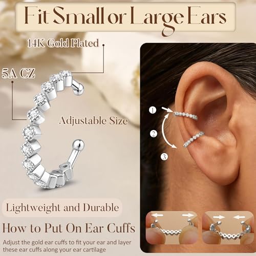 4Pcs Ear Cuffs Non-Piercing for Women Dainty 14K Gold Plated Clip On Cartilage Earrings Hypoallergenic Huggie Hoop Cuffs Fake Earings for Non Pierced Ears - color: Beaded-White Gold Plated