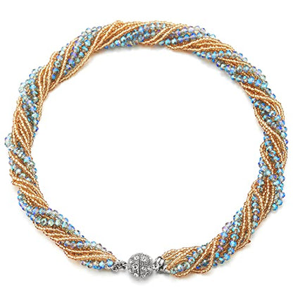 COOLSTEELANDBEYOND Multi-Layer Beads Crystal Braided Chain Choker Collar Magnetic Clasp,Statement Necklace, Bracelet - color: Q-Necklace Champagne & Blue Color