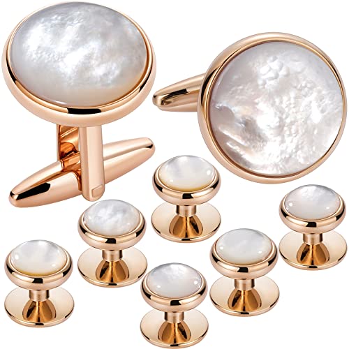HAWSON Cufflinks and Tuxedo Studs Set for Men with Gift Box, Mother-of-Pearl Cuff links for French Cuff Shirt and Dress Shirt, Suitable for Wedding, Birthday, Party - style: Rose Gold & Beige