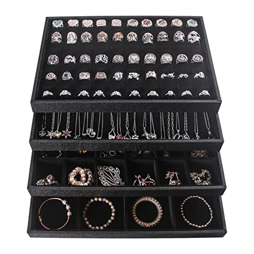Julysky 4 Pcs/set Stackable Jewelry Organizer Trays for Drawer,100 Slots Ring Tray，Necklace Tray,12 Grid,24 Grid Jewelry Displays for Selling,Black - size: 100slot+Necklice+12grid+24grid