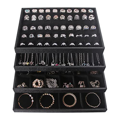 Julysky 4 Pcs/set Stackable Jewelry Organizer Trays for Drawer,100 Slots Ring Tray，Necklace Tray,12 Grid,24 Grid Jewelry Displays for Selling,Black - size: 100slot+Necklice+12grid+24grid