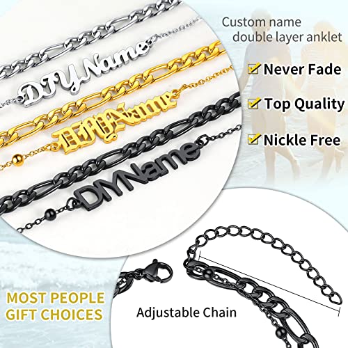 ChainsHouse Double Layer Anklet Bracelet for Women,Adjustable Chain Anklets Stackable Dainty Anklets,Stainless Steel/Gold Plated/Black Ankle Jewelry Gifts - color: C-Black-Figaro Chain