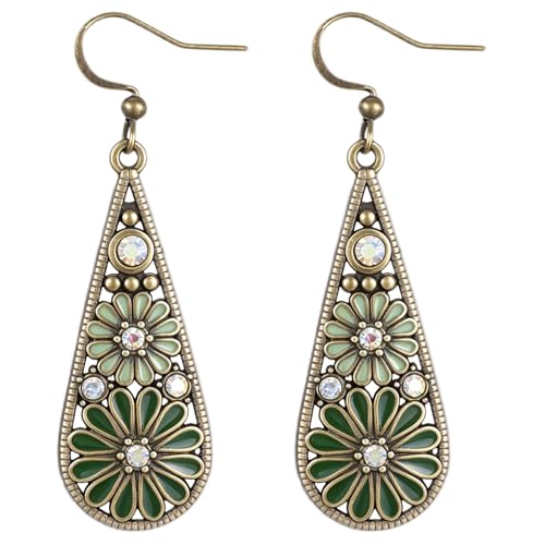 Bohemian Crystal Teardrop Pendant Earring, Vintage Olive Green Hollow Out Flower Floral Dangle Earrings Tribal Geometric Design Handmade Ethnic Statement Jewelry Gift for Women