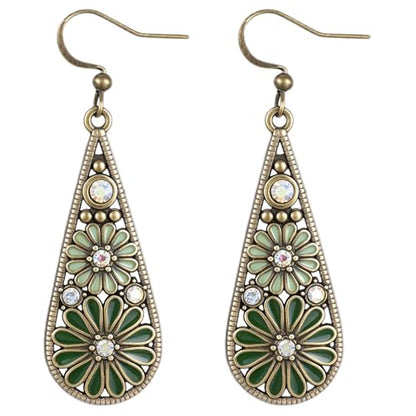 Bohemian Crystal Teardrop Pendant Earring, Vintage Olive Green Hollow Out Flower Floral Dangle Earrings Tribal Geometric Design Handmade Ethnic Statement Jewelry Gift for Women