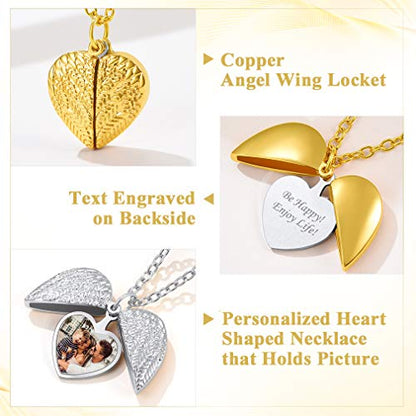 Custom4U Personalized Heart Locket Necklace with Pictures,Sunflower/Angel Wings/Heart Shaped Lockets Custom Photo,Gold/Rose Gold/White Lockets That Holds Picture,Customized Memorial Jewelry for Women - color: C-Angel Wings-Gold(Locket + Photo + Engraving)