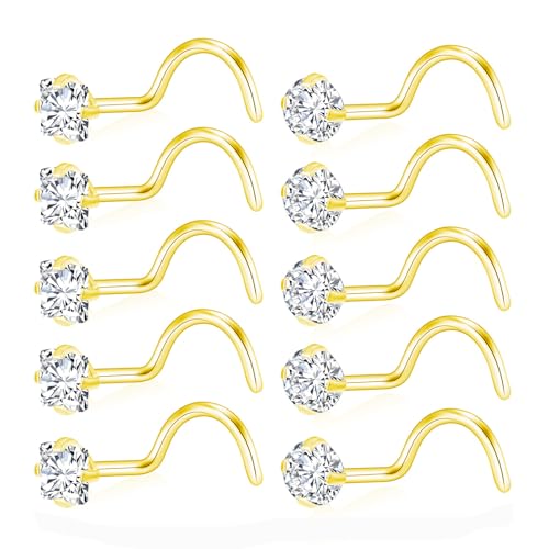 20G Nose Rings Studs for Women Corkscrew Sliver Nose Studs Hypoallergenic Nose Rings 316L Stainless Steel Nose Nostril Percing Jewely for Women Men Round Square CZ Imitation Diamond 1.5mm/2.0mm/2.5mm/3.0mm - style: 20G-corkscrew-gold-2.5mm