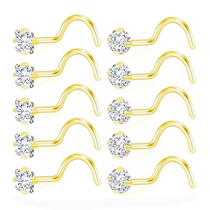 20G Nose Rings Studs for Women Corkscrew Sliver Nose Studs Hypoallergenic Nose Rings 316L Stainless Steel Nose Nostril Percing Jewely for Women Men Round Square CZ Imitation Diamond 1.5mm/2.0mm/2.5mm/3.0mm - style: 20G-corkscrew-gold-2.5mm