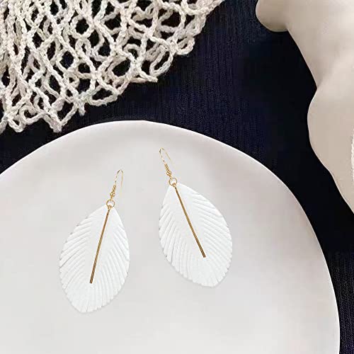YUNXI Large Genuine Soft Leather Handmade Fringe Feather Lightweight Leaf with Simple Drop Metal Bar Tear Drop Dangle Color Earrings for Women - color: White