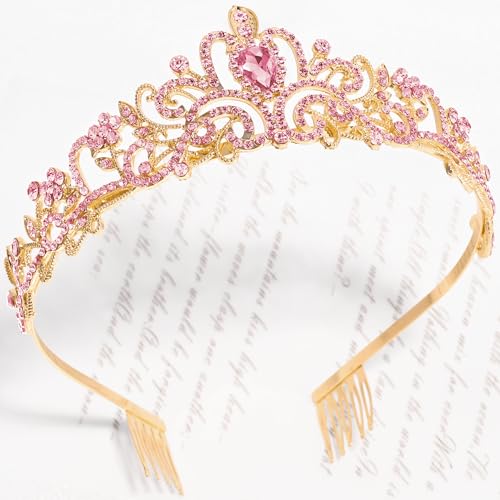 TAROSE Tiaras for Women, Birthday Crown and Sash for Girls | Birthday Sash Sunglasses Outfit, Birthday Gift for Women Girls, Goddess Crown Bride/Halloween/Prom/Party/Costume - color: 1 I. Gold+full Pink