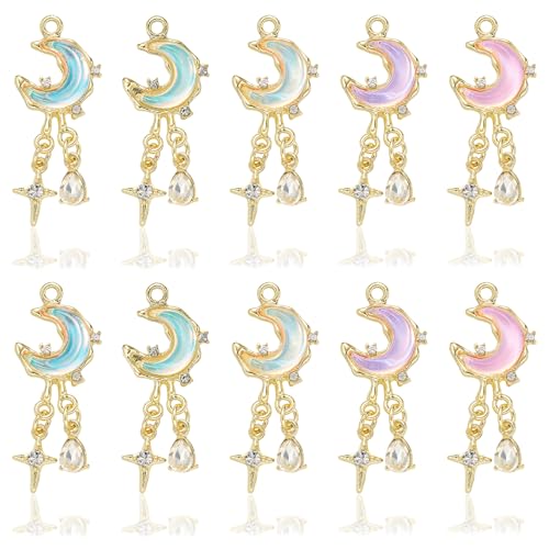 Moon Charms for Jewelry Making Alloy StarCharms Glass Golden Silver Metal Pendants for DIY Earring Bracelet - color: Golden