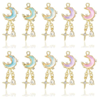 Moon Charms for Jewelry Making Alloy StarCharms Glass Golden Silver Metal Pendants for DIY Earring Bracelet - color: Golden