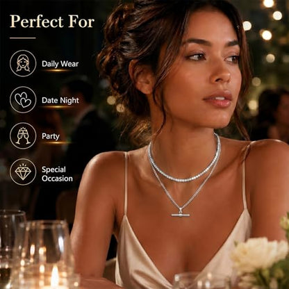 Layered Necklaces for Women Pearl Necklace Stack Gold T Bar Necklace Set Dainty Heart Pendant Jewelry Trendy 2026 Fashion Accessories Gifts - color: B6:2pcs-tennis-silver