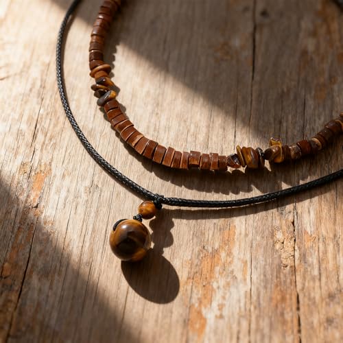 Tiger Eye Brown Wooden Beaded Layered Pendant Necklace for Women Men, Healing Crystal Natural Stone Blessing Women Necklaces Protection Fashion Jewelry Gift - color: Brown