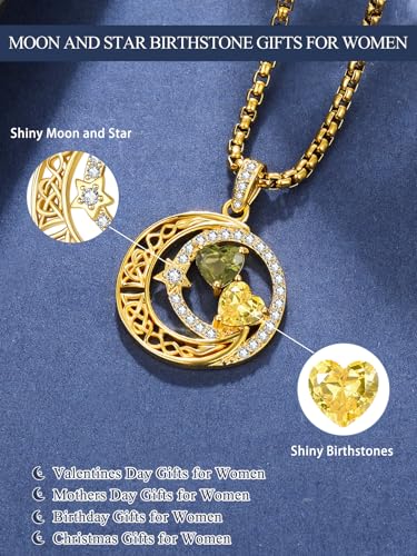 14k Gold Plated Moon and Star Necklace Double Birthstone (Aug Peridot and Nov Citrine), Great Wedding Anniversary Birthday Gift for Her, Mothers Day Gift