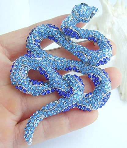 Classic 3.94" Unique Animal Snake Brooch Pin Pendant Austrian Crystal BZ5847 - color: Silver-Tone Blue