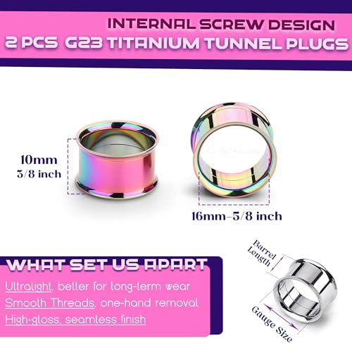 2Pcs G23 Titanium Double Flared Earrings Internally Threaded Gauges for Ears Weights Eyelet Tunnel Plug Stretching Kit From 3mm to 25mm Women Men - color: Rainbow, size: 16mm-5/8"