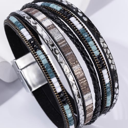 Boho Leather Wrap Bracelets Beaded Stackable Cuff Bracelet Country Concert Outfits Cowboy Cowgirl Western Jewelry Gifts for Women - color: 2layer-Black