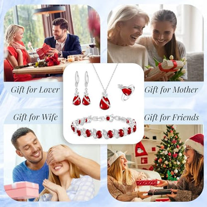 GZWHD Jewelry Set for Women CZ Earrings Necklace Ring Bracelet Set Prom Party Wedding Jewelry Gift for Mother Friend Wife - color: A-Ruby