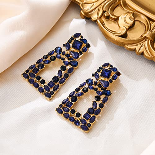 Flyonce Rectangle Clip-on Drop Earrings for Women, Sparkly Rhinestone Crystal Geometric Statement Non Pierced Earring Wedding Prom Party Jewelry for Brides Bridesmaid - color: Navy Blue