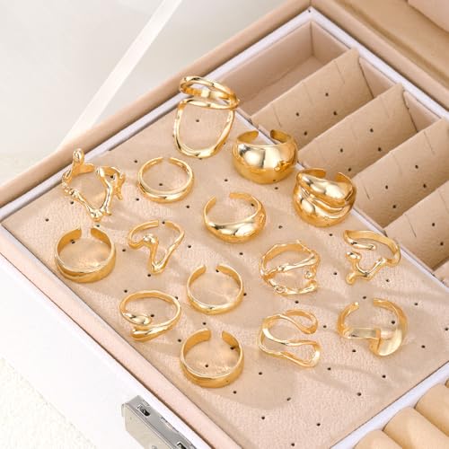 Chunky Rings for Women Non Tarnish 14k Stackable Dome Statement Rings Sets Vintage Dainty Knuckle Open Midi Finger Rings Jewelry Pack Gifts - style: 15PCS
