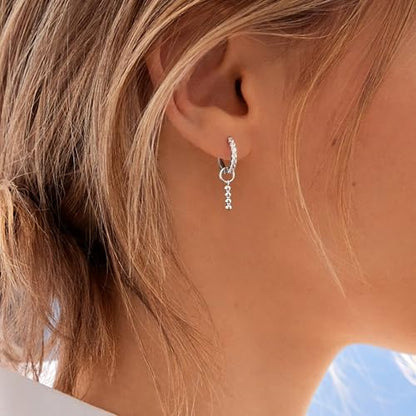 DAILY VIBES Cute Butterfly Star Cross Heart CZ Dangle Earrings for Women | 925 Sterling Silver Post, 14K Gold or Silver Plated, Mini Cubic Zirconia Dainty Drop, Cartilage Small Huggie Hoop Earrings - color: Silver Bead Bar