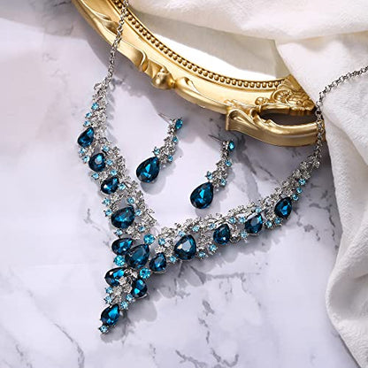 Wedding Bridal Necklace Earrings Jewelry Set for Women | Gorgeous Austrian Crystal Teardrop Flower Cluster for Bridal Bride Bridesmaid - color: 2Pcs-Blue Topaz Silver-Tone