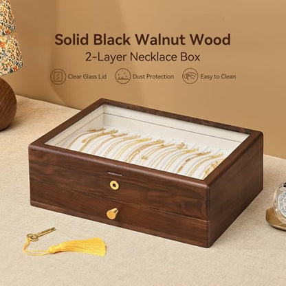 Black Walnut Lockable Necklace Box, Wooden Jewelry Organizer Case for Women | 2 Layer, Drawer, Solid Wood, Lock Key, Necklace Holder, Jewelry Display, Glass Lid, Handcraft, Velvet Line, Gift for Girl Mom - color: 2 Layer Full Lock Necklace Box