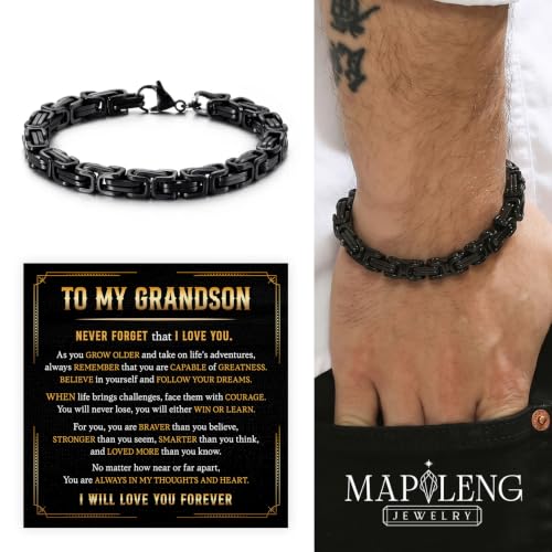 Grandson Gifts from Grandma Grandpa, Black Stainless Steel Bracelet with Meaningful Message Card, Birthday Gift for Grandson, Graduation Christmas Gift, Inspirational Keepsake Jewelry for Men - color: Grandson #10
