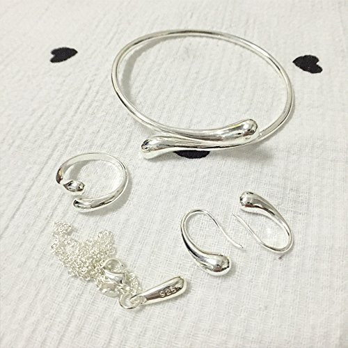 MA&SN AMOR SPES 4 Pieces Jewelry Set S925 Sterling Silver Water Drop Shape Earrings Bangle Necklace Ring Women Girl Gift