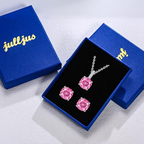Rose Cut Silver Solitaire Necklace and Earring Set for Women, Jewelry Gift | Rose Cut, Cubic Zirconia, Necklace and Stud Earrings Set, Jewelry Set, Minimalist - color: Pink