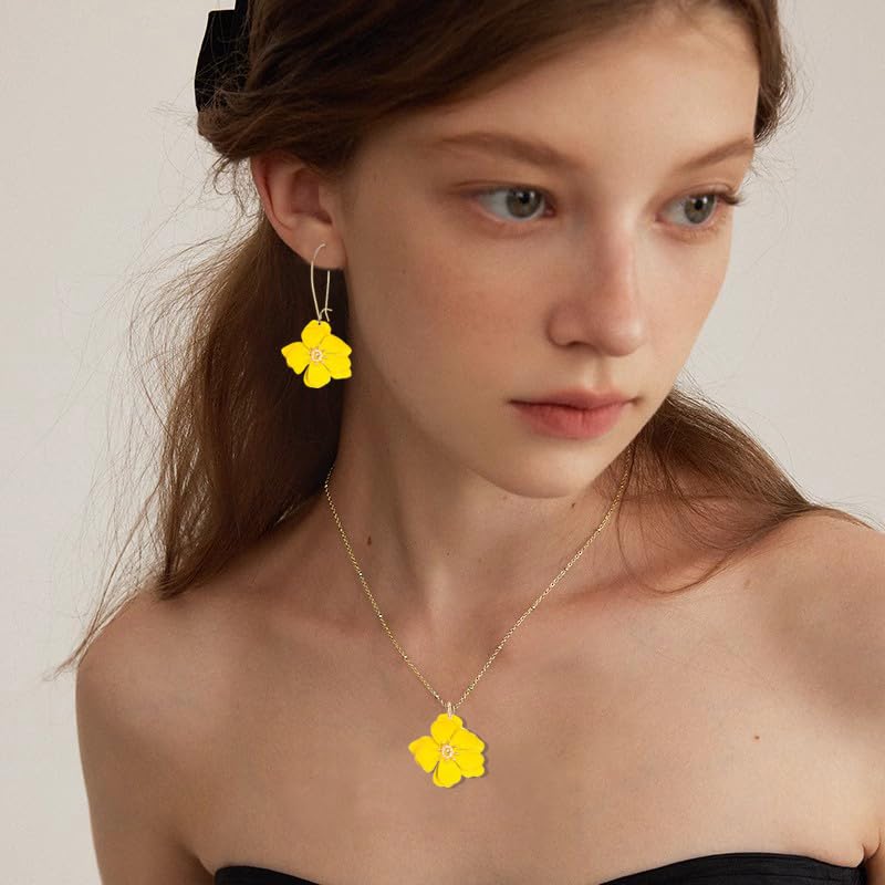 WCRAZYE Bohemian Daisy Flower Earrings Necklace Sets for Women Unique Trendy Boho Matte 3D Gold Flower Floral Petal Statement Earring Wedding Jewelry - color: Yellow