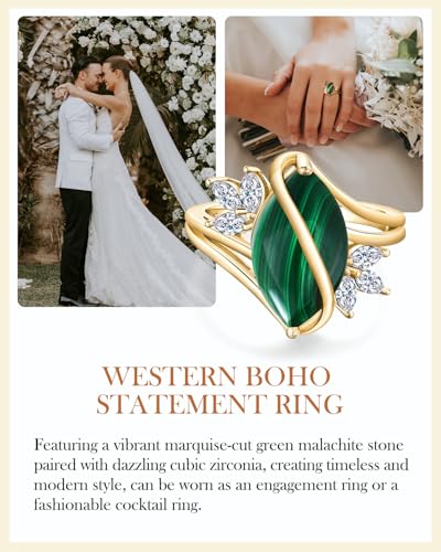 AIBAO Marquise Turquoise/Malachite Engagement Wedding Rings for Women | Sterling Silver Turquoise/ Malachite Statement Rings for Women Size 6 to 10 Western Jewelry - style: Malachite