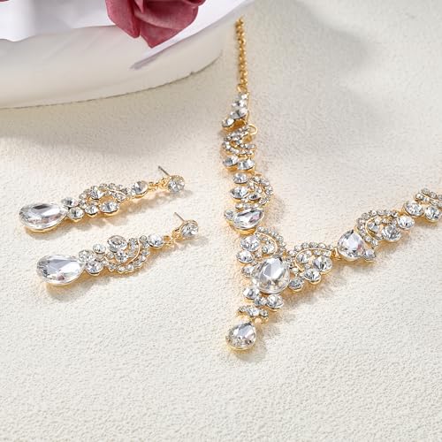 EVER FAITH Rhinestone Crystal Bridal Floral Wave Teardrop Necklace Earrings Set - color: 2pcs_Clear Gold-Plated-Base