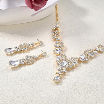 EVER FAITH Rhinestone Crystal Bridal Floral Wave Teardrop Necklace Earrings Set - color: 2pcs_Clear Gold-Plated-Base