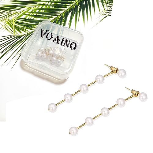 Long Pearl Earrings for Women 925 Sterling Silver Dangle Earrings | Hypoallergenic Dainty Dangle Drop Earrings, Elegant Pearl Jewelry for Bridal, Mother's Day Anniversary Birthday Jewelry Gift - color: Gold