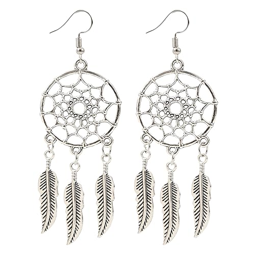 Blue Turquoise Dream Catcher Feather Earrings for Women Vintage Bohemian Western Jewelry - style: Silver Dream Catcher