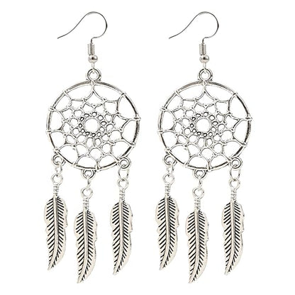 Blue Turquoise Dream Catcher Feather Earrings for Women Vintage Bohemian Western Jewelry - style: Silver Dream Catcher