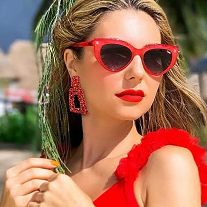 Flyonce Rectangle Clip-on Drop Earrings for Women, Sparkly Rhinestone Crystal Geometric Statement Non Pierced Earring Wedding Prom Party Jewelry for Brides Bridesmaid - color: Red