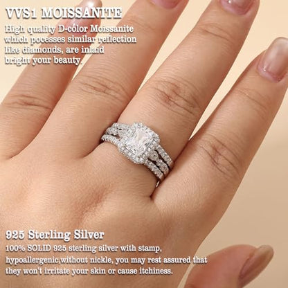 Newshe Jewellery Moissanite Wedding Sets for Women 925 Sterling Silver Engagement Rings Set Radiant Bridal Band Enhancer Size - color: Moissanite