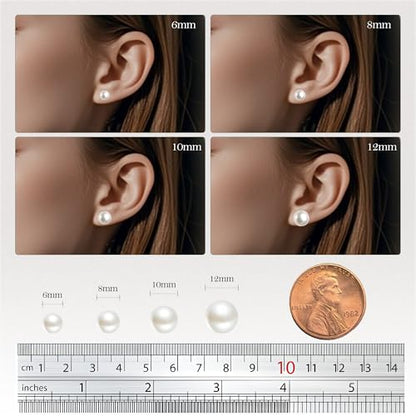 4 Pairs Pearl Stud Earrings Set for Women,925 Sterling Silver Hypoallergenic Earrings stud with Non-Slip Ear Backs,stud Round Large size Simulated pearl 6mm-12mm