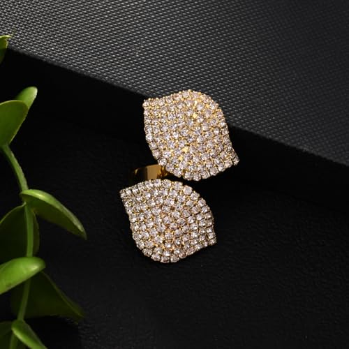 Paved CZ Leaf Statement Open Ring for Women - Sparkle Crystal Leaves Adjustable Wrap Finger Band Bridal Wedding Engagement Promise Eternity Rings Exaggerated Exquisite Cocktail Party Jewelry for Bride - color: Gold