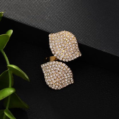 Paved CZ Leaf Statement Open Ring for Women - Sparkle Crystal Leaves Adjustable Wrap Finger Band Bridal Wedding Engagement Promise Eternity Rings Exaggerated Exquisite Cocktail Party Jewelry for Bride - color: Gold