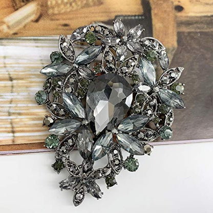 SELOVO Leaf Bouquet Scarf Big Brooch Pin Broach Crystal Jewelry - color: Black
