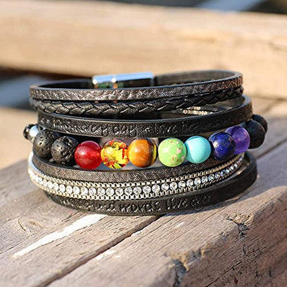 Vercret Leather Wrap Bracelet for Women, Multi-Layer Cuff Bangle | Boho Stacked Bracelets with Safe Clasp Western Bangle Jewelry Gift for Lady and Mom Sister Friend - style: Chakra