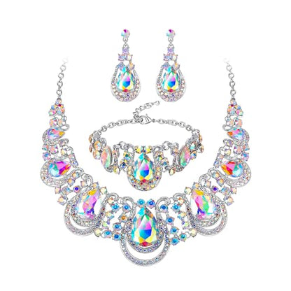 BriLove Women's Teardrop Crystal Statement Necklace Cluster Hollow Dangle Earrings Chain Bracelet Bib Jewellery Set for Wedding Bride Bridesmaid - color: Iridescent AB Color Silver-Tone