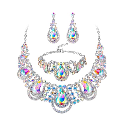 BriLove Women's Teardrop Crystal Statement Necklace Cluster Hollow Dangle Earrings Chain Bracelet Bib Jewellery Set for Wedding Bride Bridesmaid - color: Iridescent AB Color Silver-Tone